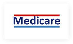 A medicare sign with the word medicare written in blue and red.